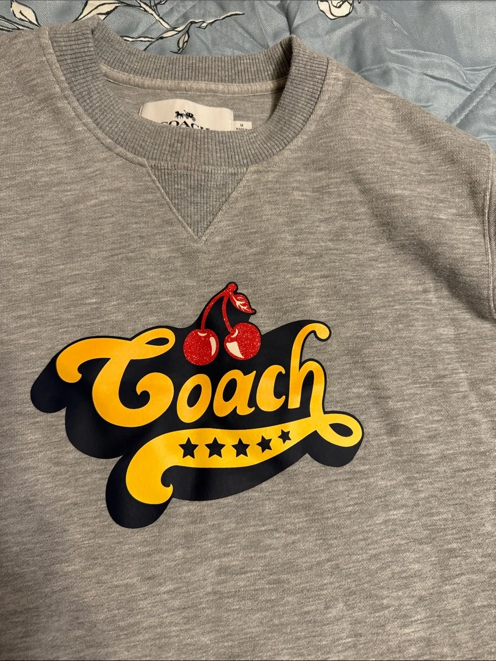 Coach Light Gray Crewneck Sweatshirt with Yellow & Navy Logo and Red Cherry